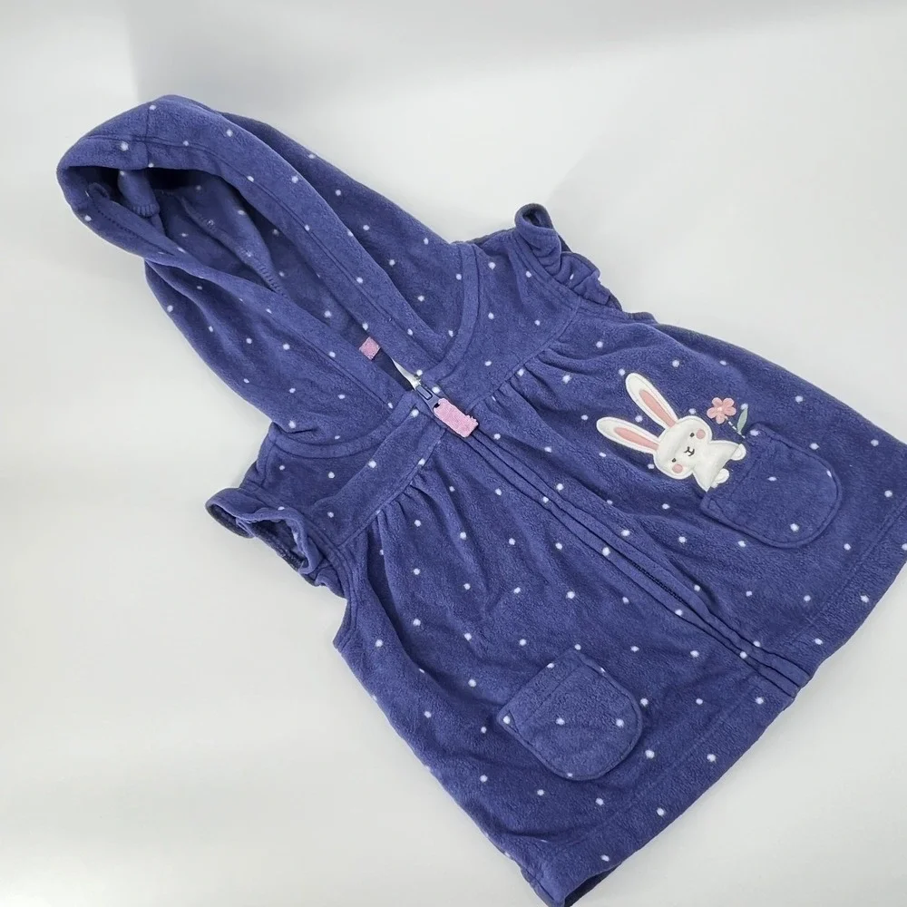 Carter's Baby Girl Hooded Fleece‎ Robe 9M Purple Polka Dot Bunny Zip Front